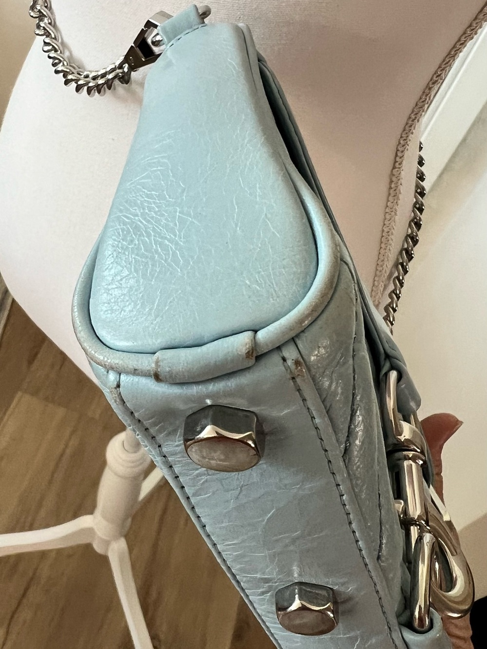 Rebecca Minkoff Light Blue Quilted Leather Mini Mac Crossbody with Silver Chain - Picture 11 of 13
